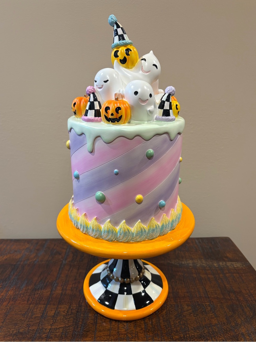 MacKenzie-Childs Halloween Trick or Treat Cake Pumpkins, Ghost on Pedestal
